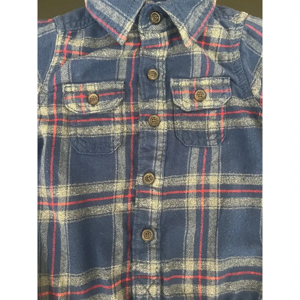 OshKosh Bgosh Baby Blue Plaid Flannel Button Front Bodysuit 18M (1050)